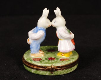 Limoges France Kissing Bunnies with Gifts Trinket Box - Vintage Ceramic Collectible Home Living Decor