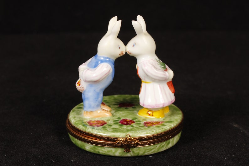 Limoges France Kissing Bunnies with Gifts Trinket Box Vintage Ceramic Collectible Home Living Decor image 1
