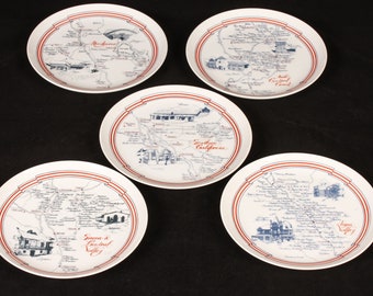 California Vineyards Salad Cheese Plates - Set of 5 - Vintage Ceramic Collectible Kitchen Dining Serving Entertaining