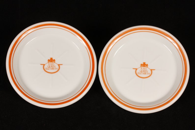 Premiere Classe 1978 RMS Queen Elizabeth Orange Coaster Tip Tray Set of 2 Vintage Ceramic Collectible Dining Serving Entertaining image 1