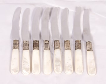 Marhill New York Mother of Pearl Handled Stainless Steel Blades Knives - Set of 8 - Vintage Silver Collectible Dining Serving Entertaining