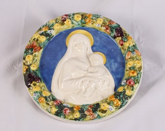 Della Robbia Hand Painted Madonna and Child Round Plaque - Vintage Ceramic Religious Collectible Home Wall Decor