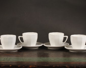 Apilco Bistro White Cups and Saucers - Set of 4 - Vintage Ceramic Collectible Dining Serving Entertaining