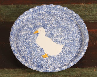 Blue Spongeware Duck Motif Quiche Dish Tart Pie - Vintage Ceramic Collectible Dining Serving Entertaining