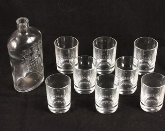 Bulleit Frontier Whiskey Glasses and Bottle - Set of 9 - Vintage Ceramic Collectible Barware Drinkware Entertaining