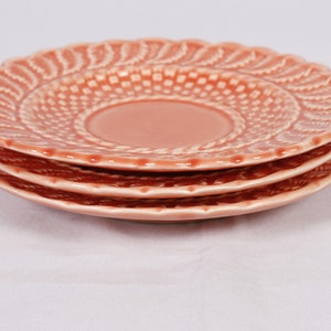 Bordallo Pinheiro Coral Salmon Basketweave Saucers Set of 3 Vintage Ceramic Collectible Dining Serving Entertaining image 3