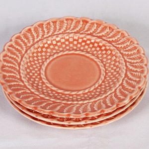 Bordallo Pinheiro Coral Salmon Basketweave Saucers Set of 3 Vintage Ceramic Collectible Dining Serving Entertaining image 1