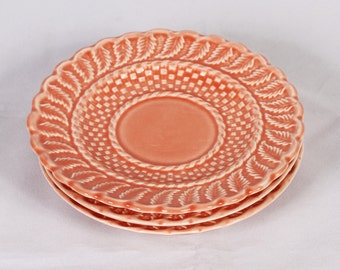 Bordallo Pinheiro Coral Salmon Basketweave Saucers - Set of 3 - Vintage Ceramic Collectible Dining Serving Entertaining