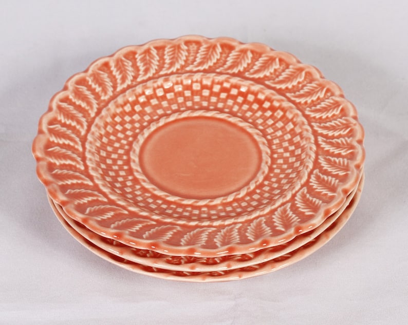 Bordallo Pinheiro Coral Salmon Basketweave Saucers Set of 3 Vintage Ceramic Collectible Dining Serving Entertaining image 1