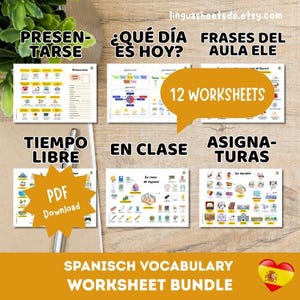 SPANISH Vocabulary Worksheet Bundle - En la escuela en home y el tiempo libre