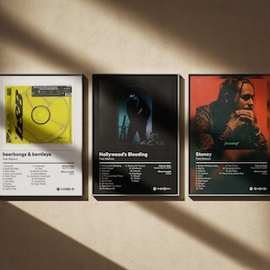 Paquete de 3 pósteres de Post Malone - Impresiones de arte digital minimalistas - Set de decoración de pared con portadas de álbumes