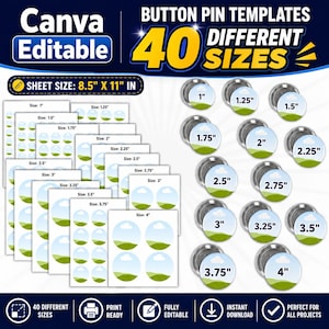 Könnte beinhalten: Eine digitale Sammlung von in Canva bearbeitbaren Button-Pin-Vorlagen mit 40 verschiedenen Größen von 1 bis 4 Zoll. Das Set enthält druckbare Bögen mit einer Landschaftsgrafik sowie Metall-Button-Komponenten, die mit ihren Größen beschriftet sind.