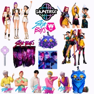 Può includere: Una collezione di illustrazioni digitali di personaggi con il logo Huntrix, il testo Saja Boys e varie figure in abiti colorati. Include ritratti stilizzati, una testa di gatto viola, un bastoncino luminoso e personaggi etichettati come Romance, Abby, Jinu, Baby Saja e Mystery.