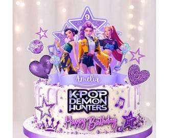 Kpop デーモンハンターズ ケーキトッパー | Canva 編集可能テンプレート | 3D レイヤード ハントリックス ウォリアー png | アニメスタイル カップケーキトッパー | デジタルダウンロード