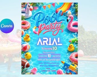 Redigerbar inbjudningsmall för poolparty | Inbjudan till barnpoolparty | Sommarfödelsedagsinbjudan | Inbjudan till vattenparty | Digital nedladdning