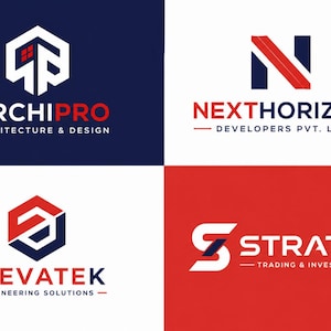 Op de afbeelding: Een raster van vier bedrijfslogo's. Linksboven: ARCHIPRO ARCHITECTURE & DESIGN met een zeshoekig icoon. Rechtsboven: NEXTHORIZON DEVELOPERS PVT. LTD. met een letter N. Linksonder: ELEVATEK ENGINEERING SOLUTIONS met een zeshoek. Rechtsonder: STRATEX TRADING & INVESTMENTS met een letter S.
