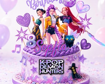 Afdrukbare Kpop demonenjagers-taarttopper | Bewerkbaar huntrix-canva verjaardagssjabloon | 3D-kpop guerrera-png gelaagde svg | digitale download