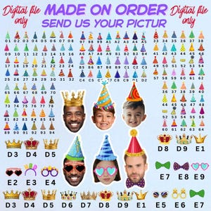 May include: A digital file containing a collection of party hats, crowns, and glasses with alphanumeric labels. The image features six cut-out faces wearing various party accessories, with text reading "DIGITAL FILE ONLY" and "MADE ON ORDER".