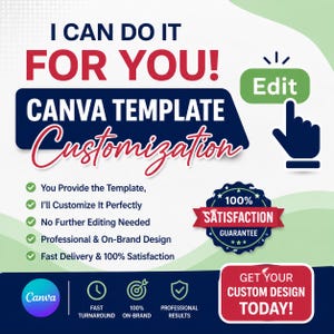 Peut inclure: Graphique promotionnel pour la personnalisation de modèles Canva. Le design présente le texte "I CAN DO IT FOR YOU!" en rouge, avec "CANVA TEMPLATE Customization" dans une bannière bleue. Comprend un badge "100% Satisfaction Guarantee" et un appel à l'action.