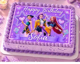 Decorazione per torta di compleanno K-Pop Demon Hunters / Modello stampabile Huntrix su Canva PNG / Decorazione per festa K-Pop Demon Hunter modificabile / Download digitale