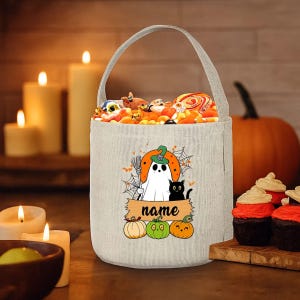 Spersonalizowana torba na Halloween „Cukierek albo psikus”: torba z juty z motywem ducha
