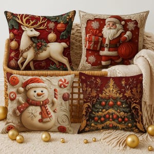 Christmas Pillow Cover Set: Santa, Reindeer, Snowman & Tree