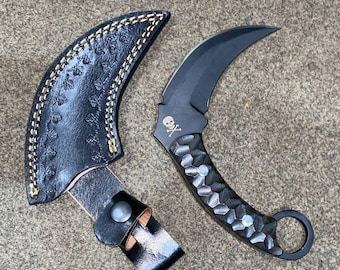 D2 Steel Karambit Knife: Micarta Handle, Leather Sheath