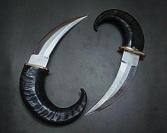 Goat Horn Karambit: D2 Steel, Damascus Blade, Brass Clip, Leather Sheath