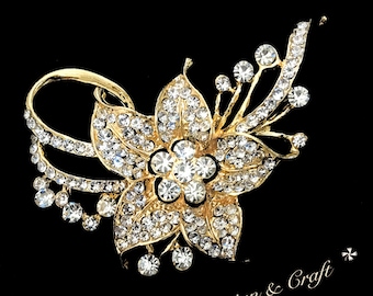 Long Gold High Quality Crystal Rhinestone Flower Embellishment Broach Pin Big Clear Crystal Brooch DIY Wedding Bouquet Brooch Style: B1