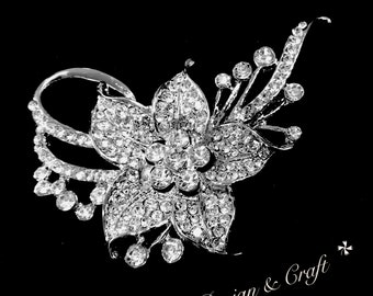 Broche de adorno de diamantes de imitación de cristal de alta calidad de plata, broche de diamantes de imitación, broche grande de cristal transparente, broche de ramo de boda DIY