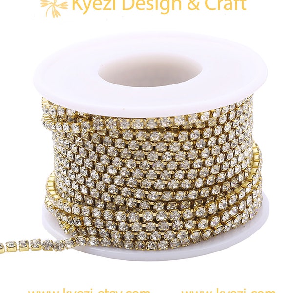 Gold Rhinestone Chain By Yard With Clear Crystal in Gold Setting - 2mm, 2.5mm, 3mm, 3.5mm, 4mm, 4.3mm DIY Sparkling Accessories