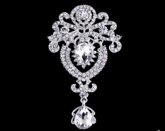 Extra Large Silver Crystal High Quality Rhinestone Drop Brooch Silver Pin Clear Broach Dangling DIY Wedding Bouquet Embellishment Brooch L2