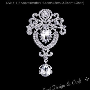 Extra Large Silver Crystal High Quality Rhinestone Drop Brooch Silver Pin Clear Broach Dangling DIY Wedding Bouquet Embellishment Brooch L2