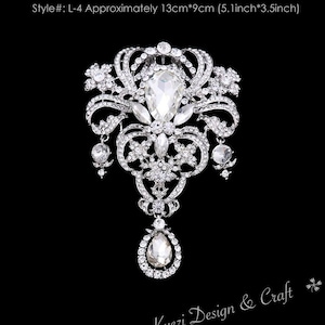 Extra Large Silver Crystal High Quality Rhinestone Drop Brooch Silver Pin Clear Broach Dangling DIY Wedding Bouquet Embellishment Brooch L4