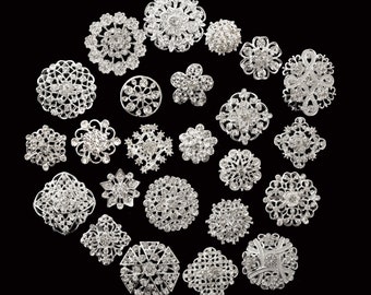 24 pc Assorted Silver Rhinestone Crystal Brooches Wedding Bouquet Cake DIY Decoration - U.S. Seller FAST SHIPPING