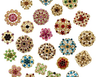 24 pc Assorted Multi Color Rhinestone Crystal Brooches Wedding Bouquet Cake DIY Decoration - U.S. Seller FAST SHIPPING