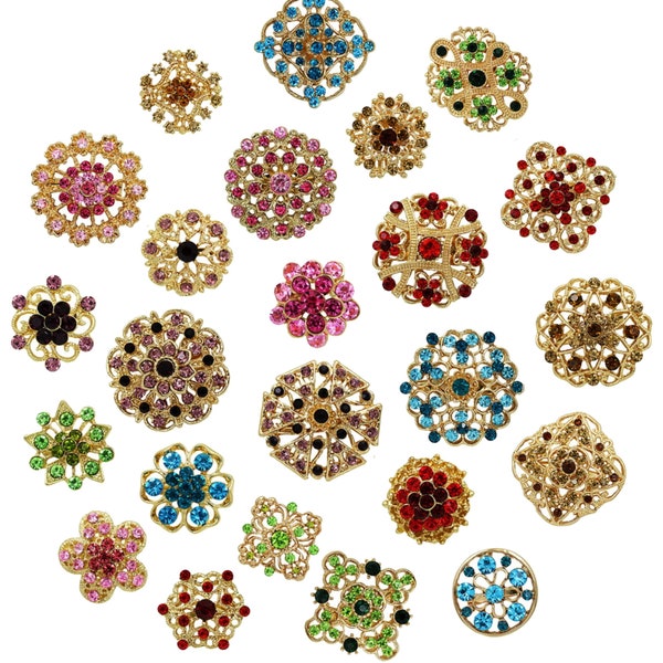 24 pc Assorted Multi Color Rhinestone Crystal Brooches Wedding Bouquet Cake DIY Decoration - U.S. Seller FAST SHIPPING