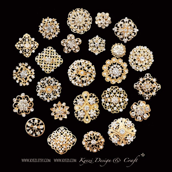 24 pc Assorted Gold Rhinestone Crystal Brooches Wedding Bouquet Cake DIY Decoration - U.S. Seller FAST SHIPPING