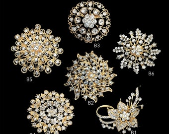 Broche de 6 piezas de diamantes de imitación dorados de alta calidad con adorno de cristal transparente grande para ramo de boda DIY