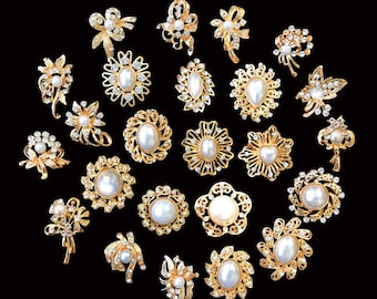 24 pc Assorted Gold Pearl Rhinestone Crystal Brooches Wedding Bouquet Cake DIY Decoration - U.S. Seller FAST SHIPPING