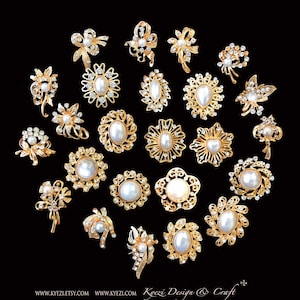 24 pc Assorted Gold Pearl Rhinestone Crystal Brooches Wedding Bouquet Cake DIY Decoration - U.S. Seller FAST SHIPPING