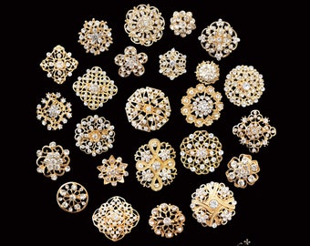 24 pc Assorted Gold Rhinestone Crystal Brooches Wedding Bouquet Cake DIY Decoration - U.S. Seller FAST SHIPPING