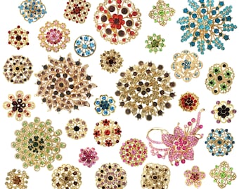 May include: Assortment of colorful jeweled brooches in various shapes and sizes, including floral, starburst, and geometric designs.  The brooches are made of gold-toned metal and feature sparkling rhinestones.