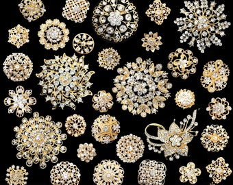 32 pcs Assorted Gold Crystal Color High Quality Crystal Brooch Rhinestone Brooch Pin Wedding Bouquet Cake DIY Kit Invitation Decoration