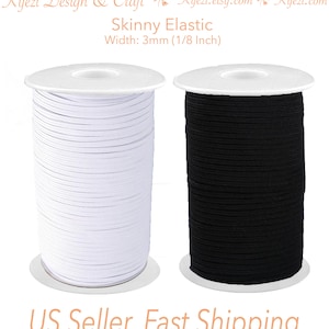 1/8 inch (3mm) Flat Skinny Elastic Band Black / White 1 5 10 20 50 100 yards for Face Mask, Apparel, DIY Headband - US Seller Fast Shipping
