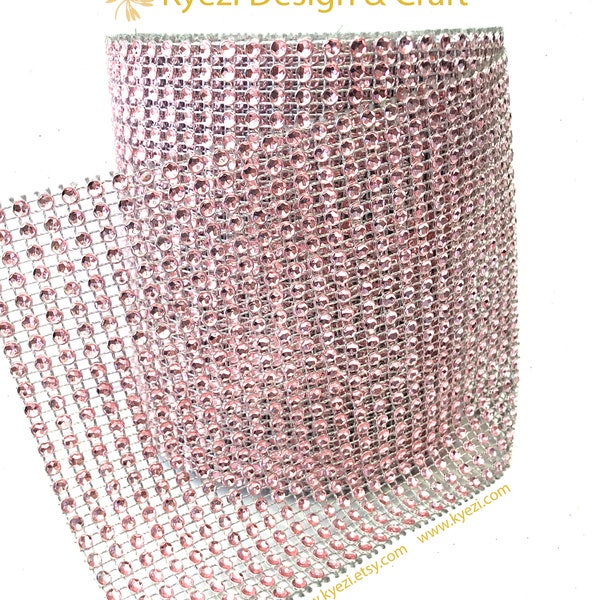 4.75" x 1 3 5 Yards Light Pink Rhinestone Diamond Mesh Wrap, 24 Row Sparkle Crystal Ribbon Roll