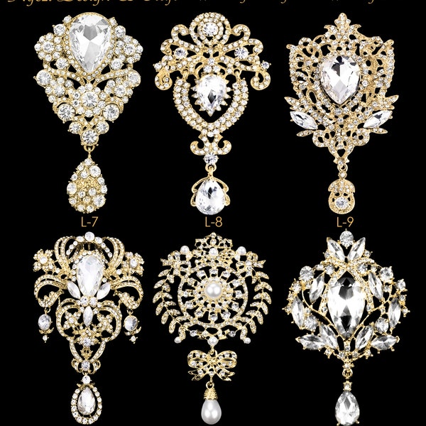 Extra Large Gold Crystal High Quality Rhinestone Drop Brooch Silver Pin Clear Broach Dangling DIY Wedding Bouquet Embellishment Brooch