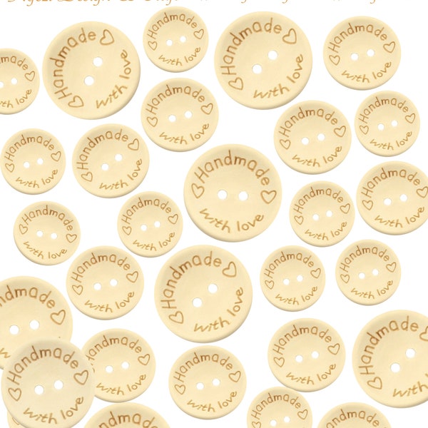 10 30 50 pcs Handmade With Love Wooden Buttons Sizes 15mm 20mm 25mm