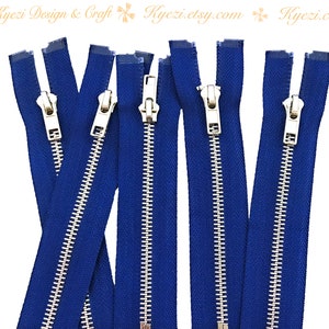 Cremallera de separación de chaqueta de 28 pulgadas en color azul real y plateado, calibre 5, venta al por mayor de cremalleras, cremalleras de dientes de metal de aluminio