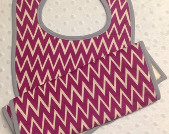 Purple Chevron Baby Bib and Burp Cloth Set - Minky Baby Shower Gift - Can Be Monogrammed with Baby's Name or Initials